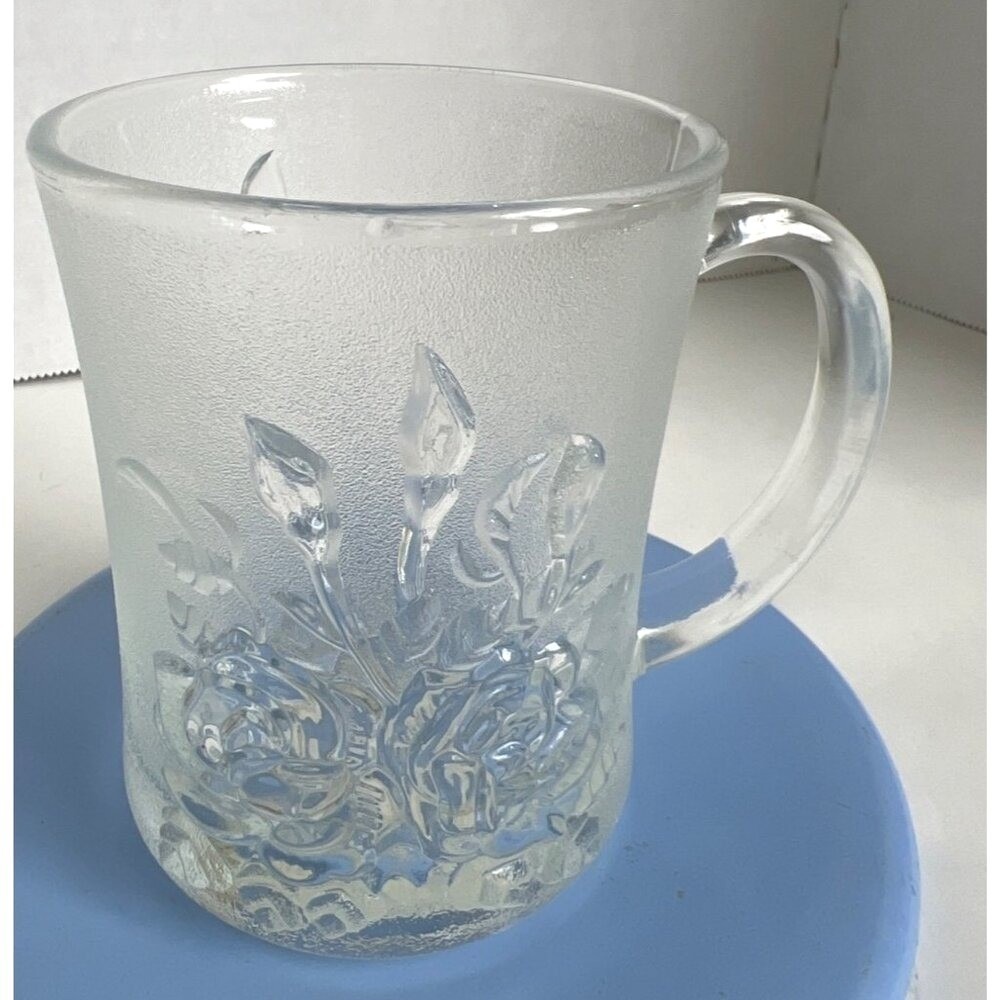 Vtg Pasari Livia‎ Rose Indonesia Frosted Glass Coffee Tea Cup Mug 8 oz GB-1199